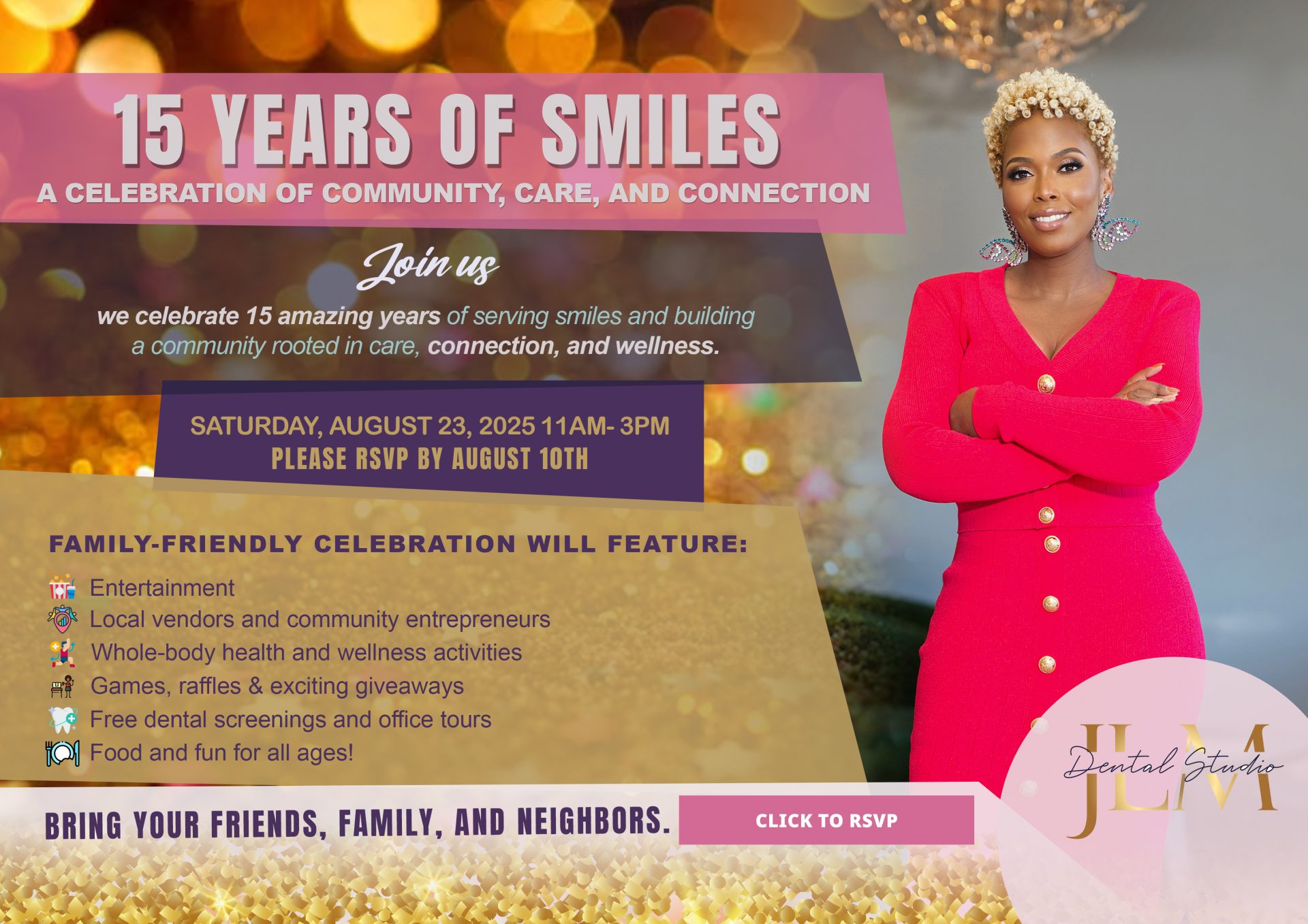 15 years celebration. Family-friendly celebration. Click image to RSVP (links to a google form)